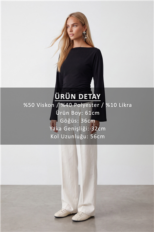 Kadın Siyah Kayık Yaka Beli Drapeli Bluz Alc-X15864