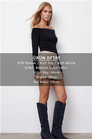 Kadın Siyah Kayık Yaka  Crospan  Yün Karışımlı Triko Bluz Alc-X15766