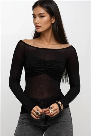 Kadın Siyah Kayık Yaka Drape Detaylı Transparan  Bluz Alc-X14882
