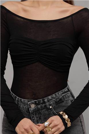 Kadın Siyah Kayık Yaka Drape Detaylı Transparan  Bluz Alc-X14882