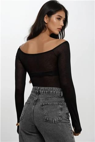 Kadın Siyah Kayık Yaka Drape Detaylı Transparan  Bluz Alc-X14882