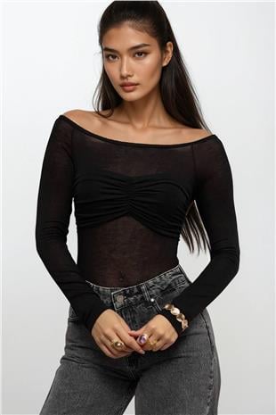 Kadın Siyah Kayık Yaka Drape Detaylı Transparan  Bluz Alc-X14882