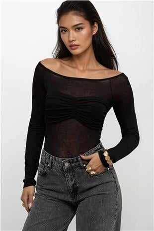 Kadın Siyah Kayık Yaka Drape Detaylı Transparan  Bluz Alc-X14882