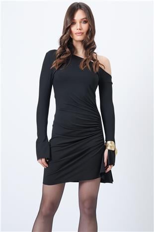 Kadın SİYAH Kayık Yaka Drapeli Mini Elbise VS01659