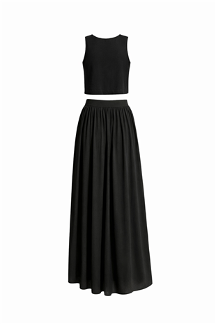 Kadın Siyah Kayık Yaka Kolsuz Keten Crop Bluz Ve Maxi Boy Etek Takım Alc-X15420