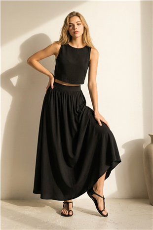 Kadın Siyah Kayık Yaka Kolsuz Keten Crop Bluz Ve Maxi Boy Etek Takım Alc-X15420