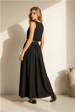 Kadın Siyah Kayık Yaka Kolsuz Keten Crop Bluz Ve Maxi Boy Etek Takım Alc-X15420