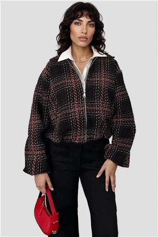 Kadın Siyah Kolları Ve Beli Lastikli Tweed Ceket Alc-X15025