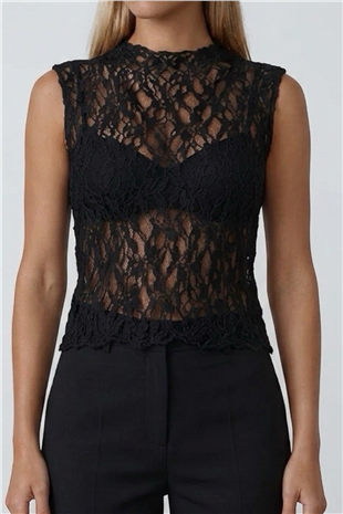 Kadın Siyah Kolsuz Dantelli Bluz Alc-X15477