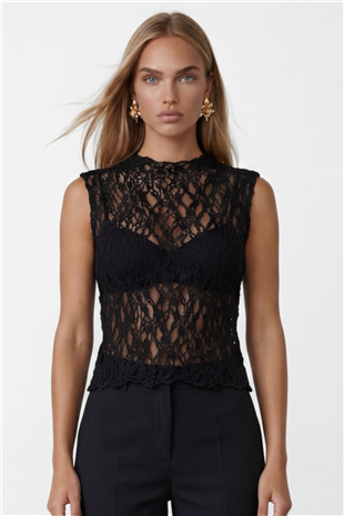 Kadın Siyah Kolsuz Dantelli Bluz Alc-X15477