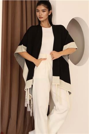 Kadın Siyah Kontrast Şeritli Püsküllü Panço Alc-X14746