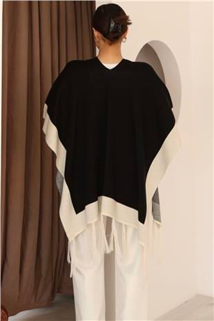 Kadın Siyah Kontrast Şeritli Püsküllü Panço Alc-X14746