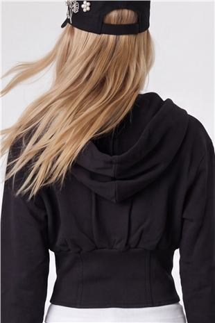 Kadın Siyah Korseli Kapişonlu Sweatshırt Alc-X15622