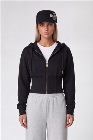 Kadın Siyah Korseli Kapişonlu Sweatshırt Alc-X15622