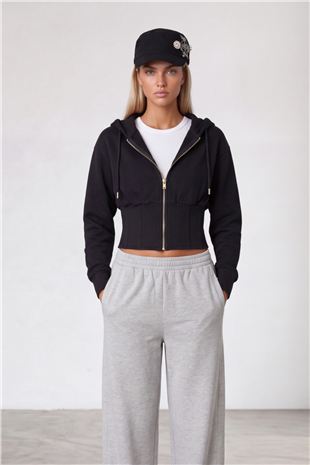 Kadın Siyah Korseli Kapişonlu Sweatshırt Alc-X15622