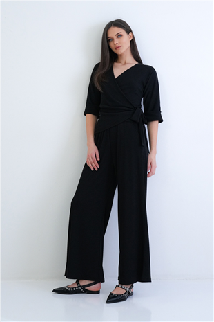 Kadın Siyah Kruvaze Bağlamalı Truvakar Manşet Kollu Ottoban Bluz Ve Çift Cepli Pantolon Takım Alc-X15294