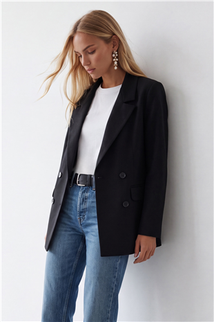 Kadın Siyah Kruvaze Yaka Düğmeli Blazer Ceket Alc-X15732