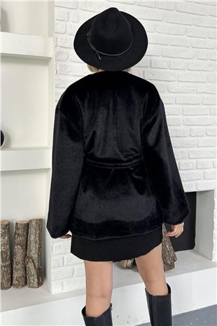 Kadın Siyah Kuşak Detaylı Astarlı Deve Tüyü Kürk Astarlı Kaban VS01586