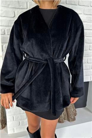 Kadın Siyah Kuşak Detaylı Astarlı Deve Tüyü Kürk Astarlı Kaban VS01586