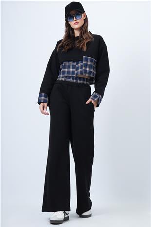 Kadın SİYAH-LACİVERT Ekose Detaylı Sweatshirt Ve Geniş Paça Pantolon Takım VS01524