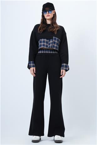 Kadın SİYAH-LACİVERT Ekose Detaylı Sweatshirt Ve Geniş Paça Pantolon Takım VS01524