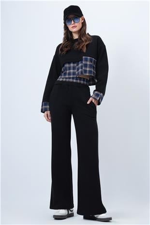 Kadın SİYAH-LACİVERT Ekose Detaylı Sweatshirt Ve Geniş Paça Pantolon Takım VS01524
