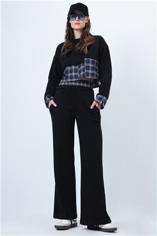 Kadın SİYAH-LACİVERT Ekose Detaylı Sweatshirt Ve Geniş Paça Pantolon Takım VS01524