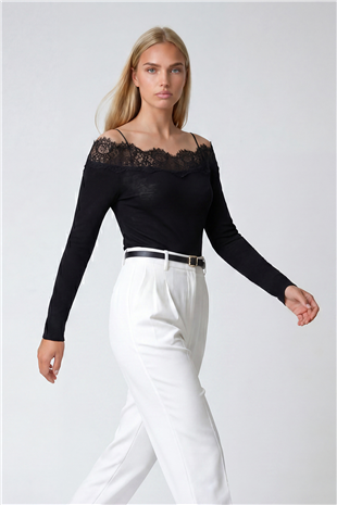 Kadın Siyah Madonna Yaka Dantel Detaylı Örme Bluz Alc-X15431
