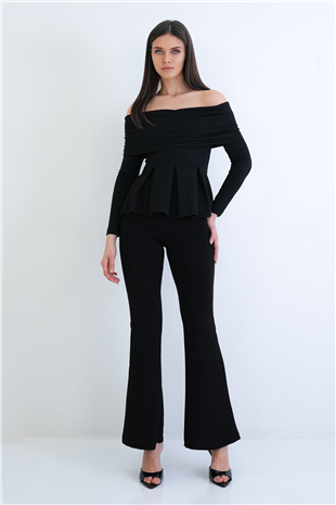 Kadın Siyah Madonna Yaka Eteği Pileli Likralı Örme Krep Bluz Ve Pantolon Takım Alc-X15255