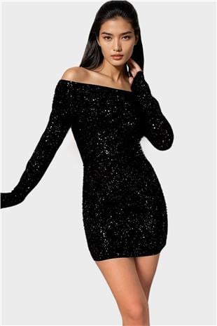 Kadın Siyah Madonna Yaka Simli Mini Elbise Alc-X14829