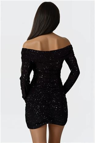 Kadın Siyah Madonna Yaka Simli Mini Elbise Alc-X14829