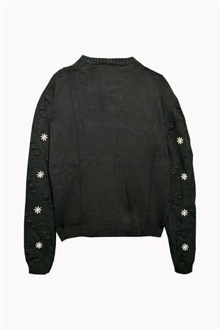 Kadın SİYAH Nakışlı Triko Kazak PRM1176