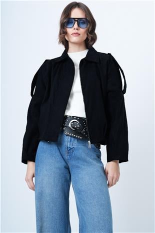 Kadın Siyah Omuz Apoletli İçi Astarlı Suni Süet Bomber Ceket Alc-X14526
