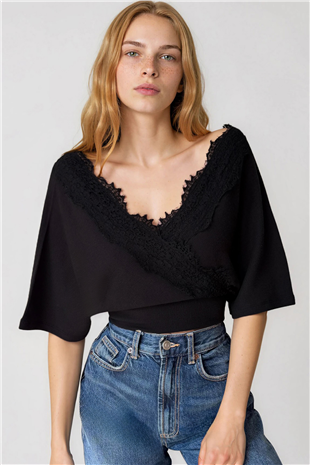 Kadın Siyah Ön Arka V Yaka Dantel Detaylı Örme Bluz Alc-X15407