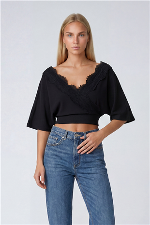 Kadın Siyah Ön Arka V Yaka Dantel Detaylı Örme Bluz Alc-X15407