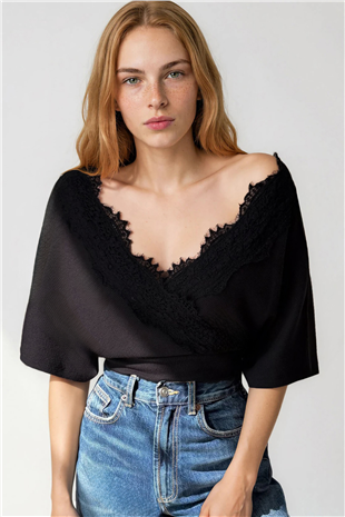 Kadın Siyah Ön Arka V Yaka Dantel Detaylı Örme Bluz Alc-X15407