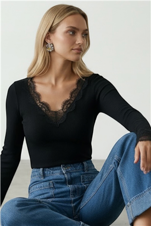 Kadın Siyah Ön Arka V Yaka Kaşmir Dokulu Transparan Dantel Detaylı Bluz Alc-X15268