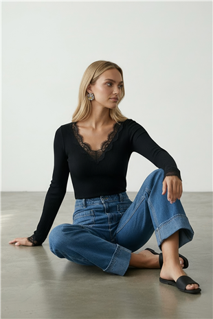 Kadın Siyah Ön Arka V Yaka Kaşmir Dokulu Transparan Dantel Detaylı Bluz Alc-X15268