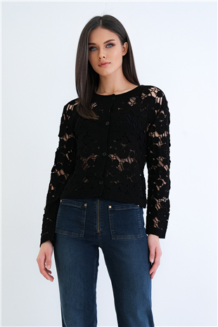 Kadın Siyah Önü Düğmeli Motif Desenli Dantel Triko Ceket Alc-X15279