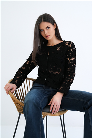 Kadın Siyah Önü Düğmeli Motif Desenli Dantel Triko Ceket Alc-X15279