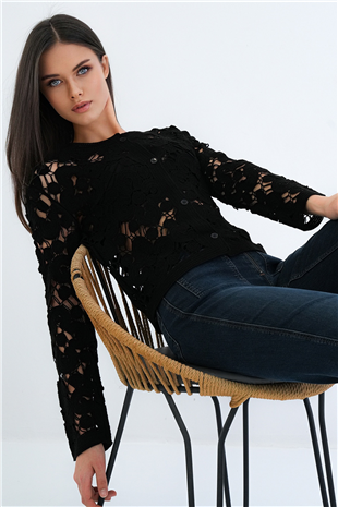 Kadın Siyah Önü Düğmeli Motif Desenli Dantel Triko Ceket Alc-X15279