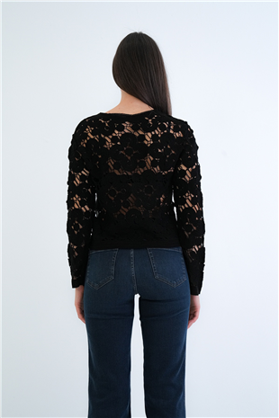 Kadın Siyah Önü Düğmeli Motif Desenli Dantel Triko Ceket Alc-X15279