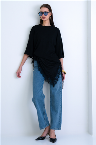 Kadın Siyah Oversize Dantelli Kombine T-Shırt Alc-X15239