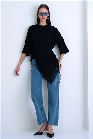 Kadın Siyah Oversize Dantelli Kombine T-Shırt Alc-X15239