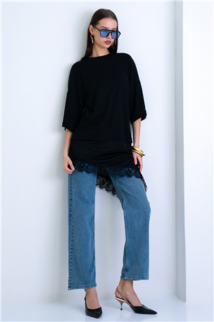 Kadın Siyah Oversize Dantelli Kombine T-Shırt Alc-X15239