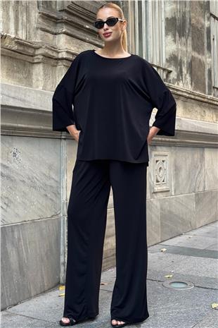 Kadın Siyah Oversize Salaş Kesim Bluz Ve Çift Cepli Pantolon Buzzy Kumaş Takım VS01582