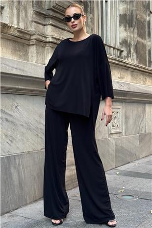 Kadın Siyah Oversize Salaş Kesim Bluz Ve Çift Cepli Pantolon Buzzy Kumaş Takım VS01582