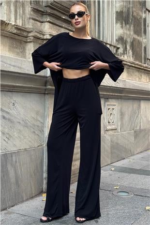 Kadın Siyah Oversize Salaş Kesim Bluz Ve Çift Cepli Pantolon Buzzy Kumaş Takım VS01582