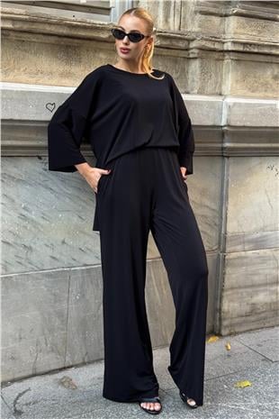 Kadın Siyah Oversize Salaş Kesim Bluz Ve Çift Cepli Pantolon Buzzy Kumaş Takım VS01582