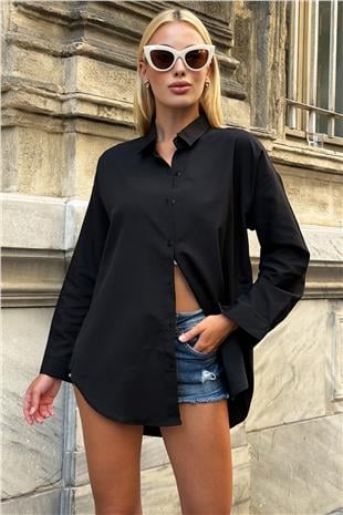 Kadın Siyah Oversize Uzun Dokuma Gömlek ALC-X6828